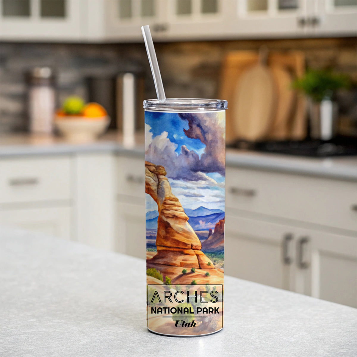 Arches National Park Utah Watercolor Skinny Tumbler 20oz with Straw Insulated Water Bottle Gift