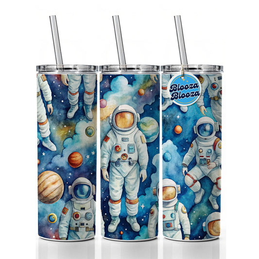 Astronauts In Space Watercolor Skinny Tumbler 20oz with Straw Insulated Water Bottle Gift