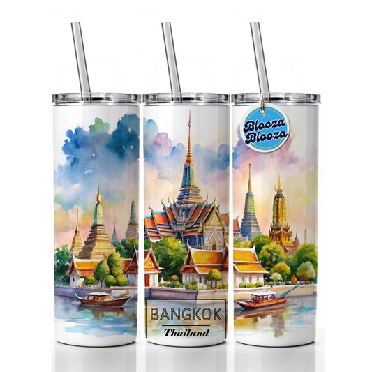 Bangkok Thailand Travel City Watercolor Skinny Tumbler 20oz with Straw Insulated Water Bottle Gift