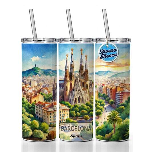 Barcelona Spain Travel City Watercolor Skinny Tumbler 20oz with Straw Insulated Water Bottle Gift