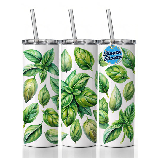 Basil Leaves Watercolor Skinny Tumbler 20oz with Straw Insulated Water Bottle Gift