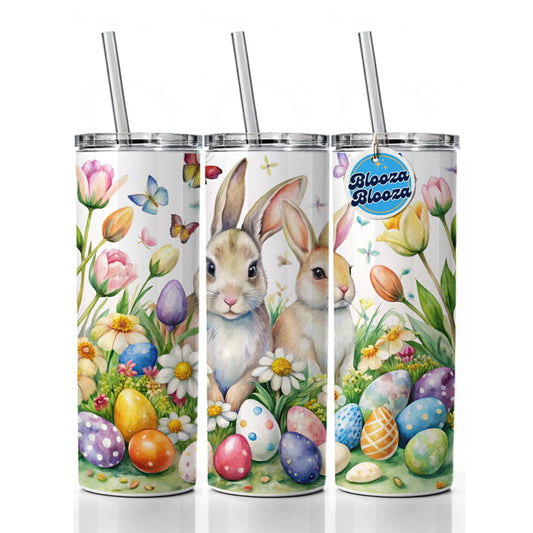 Beautiful Easter Bunnies Rabbits Eggs Flowers Skinny Tumbler 20oz with Straw Insulated Water Bottle Gift