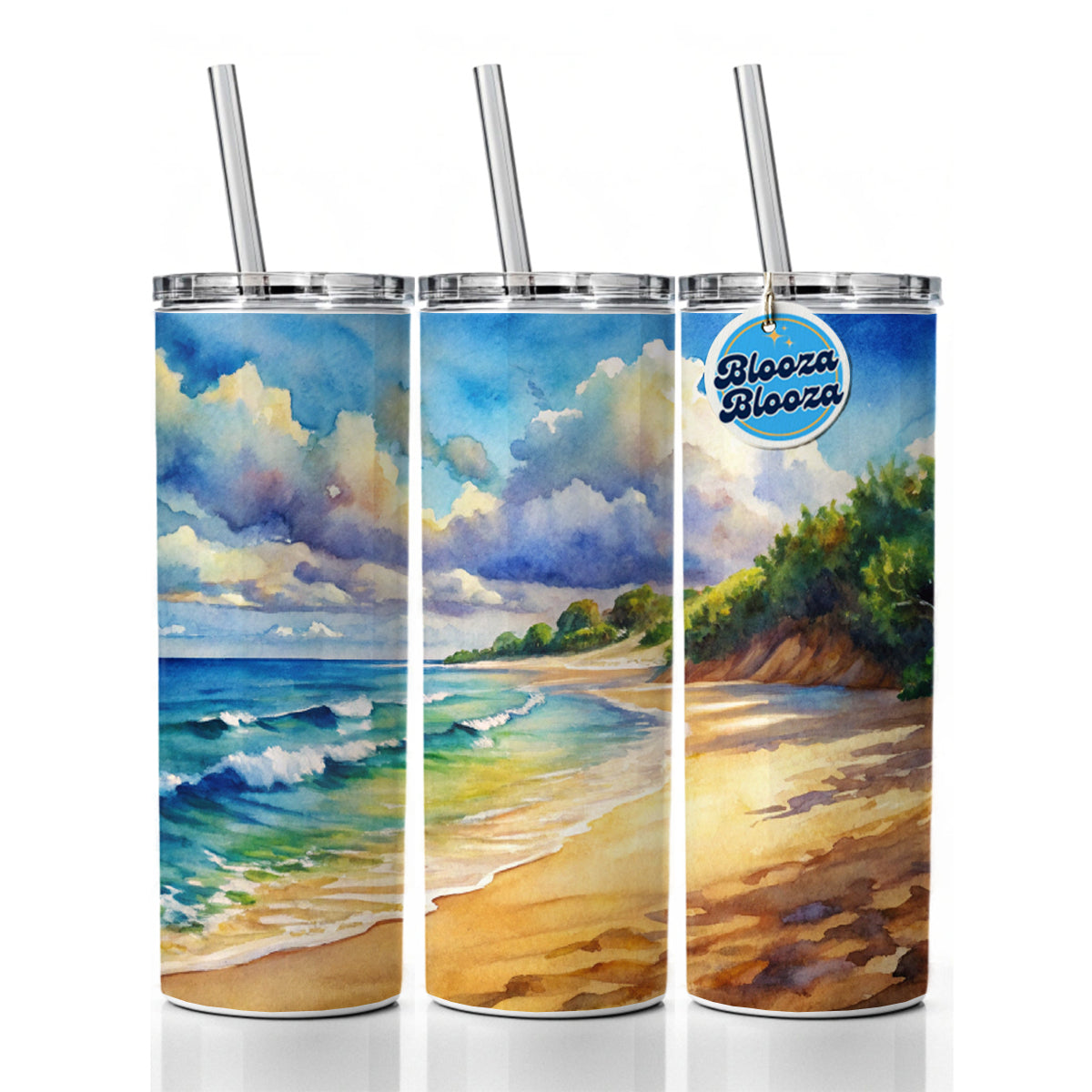 Beautiful Sandy Beach Watercolor Skinny Tumbler 20oz with Straw Insulated Water Bottle Gift