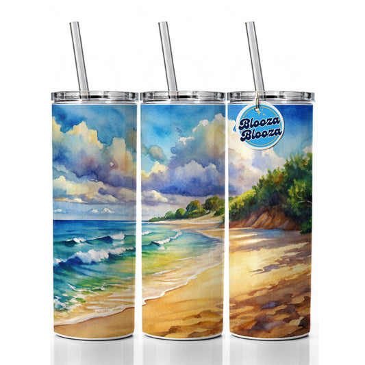 Beautiful Sandy Beach Watercolor Skinny Tumbler 20oz with Straw Insulated Water Bottle Gift