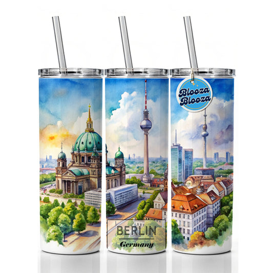 Berlin Germany Travel City Watercolor Skinny Tumbler 20oz with Straw Insulated Water Bottle Gift