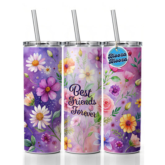 Best Friends Forever Flowers Purple Background Skinny Tumbler 20oz with Straw Insulated Water Bottle Gift