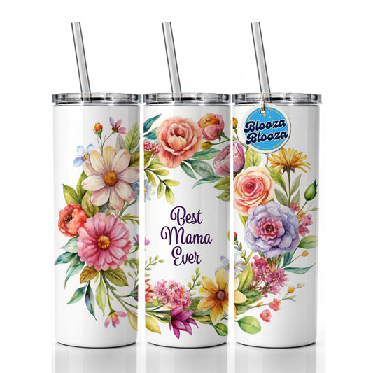 Best Mom Mother Mama Mommy Flowers Skinny Tumbler 20oz with Straw Insulated Water Bottle Gift