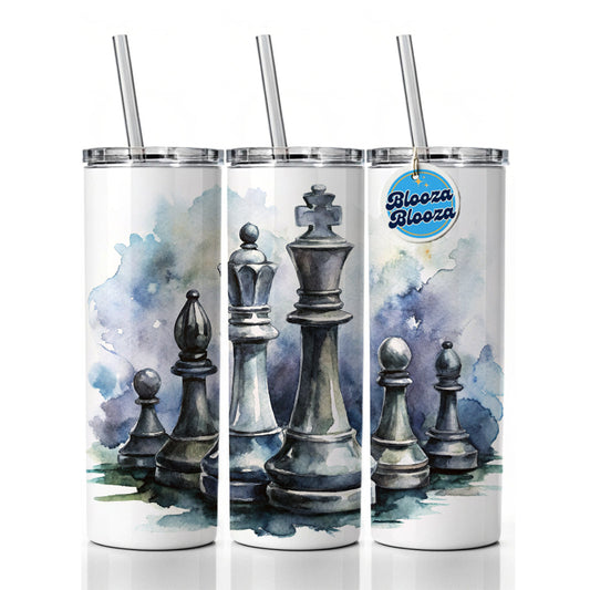 Black And White Chess Pieces Watercolor Skinny Tumbler 20oz with Straw Insulated Water Bottle Gift