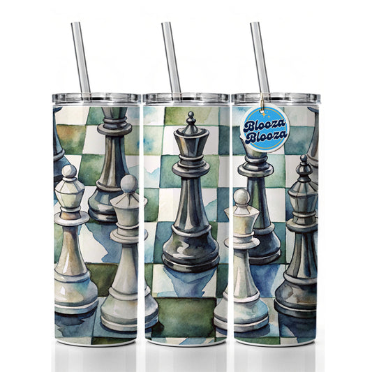 Black White Chess Pieces Watercolor Skinny Tumbler 20oz with Straw Insulated Water Bottle Gift