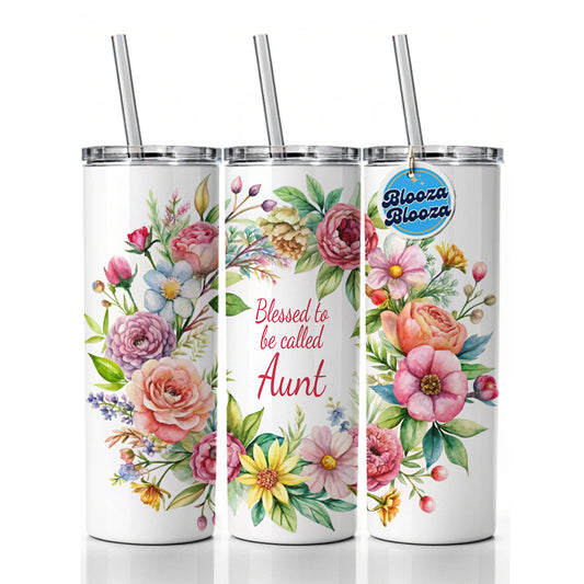 Blessed To Be Called Aunt Auntie Flowers Floral Skinny Tumbler 20oz with Straw Insulated Water Bottle Gift