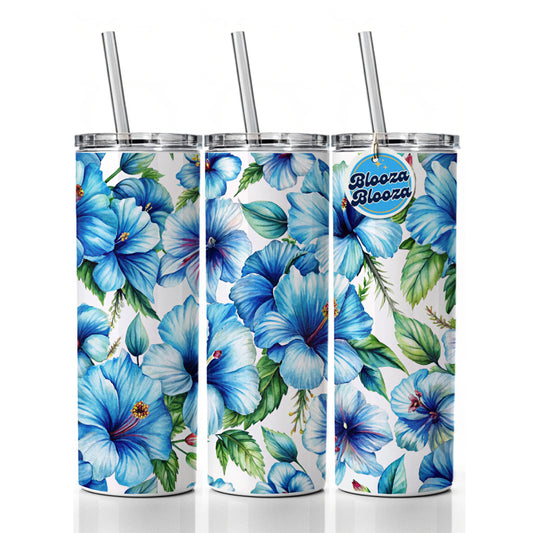 Blue Hibiscus Flowers Watercolor Skinny Tumbler 20oz with Straw Insulated Water Bottle Gift