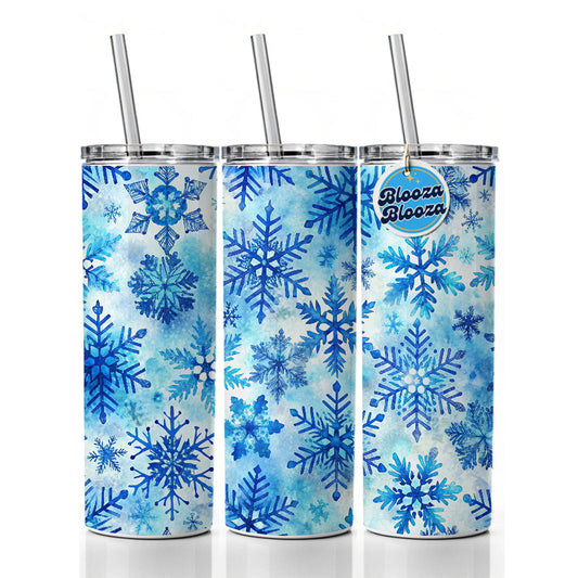 Blue Snowflakes Watercolor Skinny Tumbler 20oz with Straw Insulated Water Bottle Gift