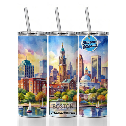 Boston Massachusetts Travel City Watercolor Skinny Tumbler 20oz with Straw Insulated Water Bottle Gift