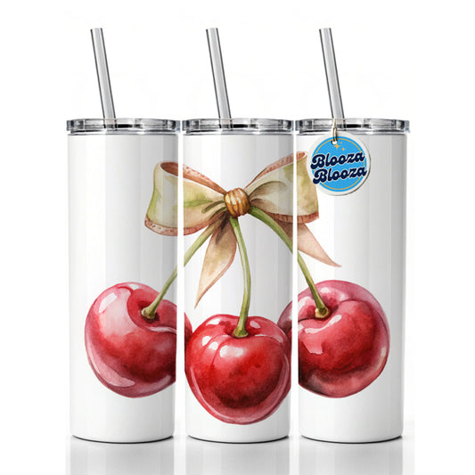 Bow Tied Around Cherries Coquette Skinny Tumbler 20oz with Straw Insulated Water Bottle Gift