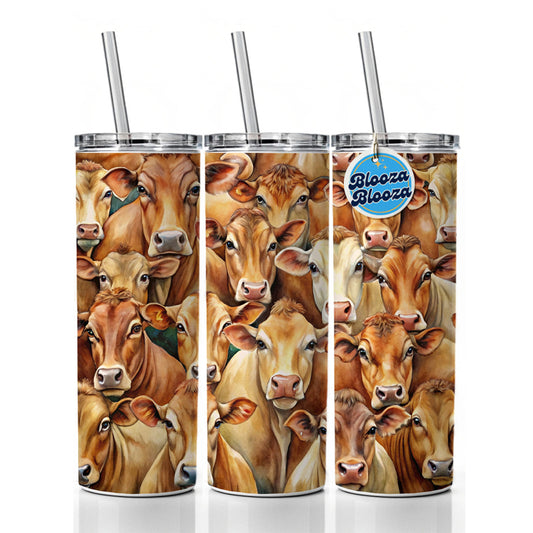 Bunch Of Brown Cow Faces Skinny Tumbler 20oz with Straw Insulated Water Bottle Gift