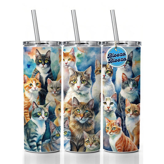Bunch Of Cats Watercolor Skinny Tumbler 20oz with Straw Insulated Water Bottle Gift