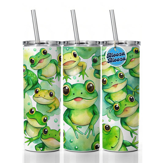 Bunch Of Cute Green Frogs Watercolor Skinny Tumbler 20oz with Straw Insulated Water Bottle Gift