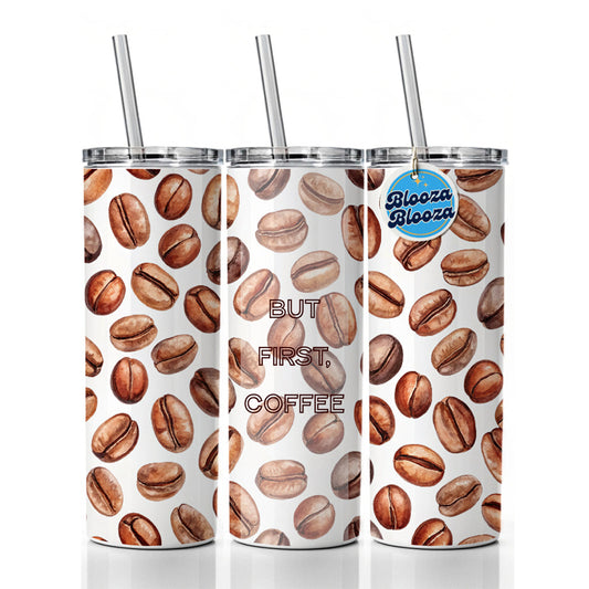 But First Coffee Beans Scattered Skinny Tumbler 20oz with Straw Insulated Water Bottle Gift