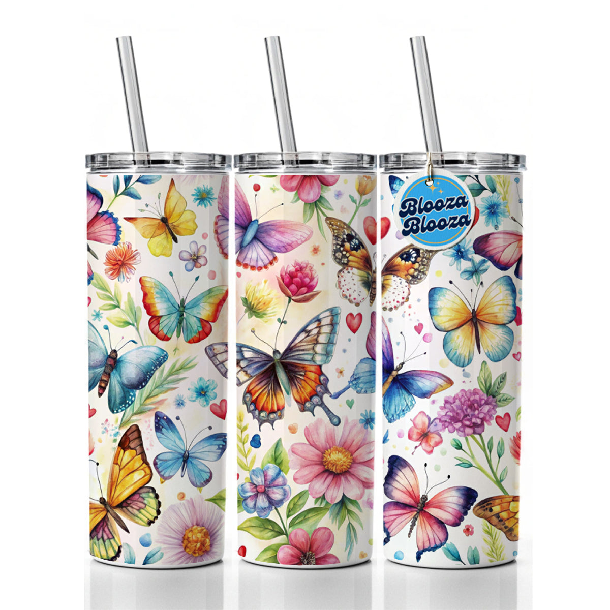 Butterflies Hearts Flowers Beautiful Watercolor Skinny Tumbler 20oz with Straw Insulated Water Bottle Gift