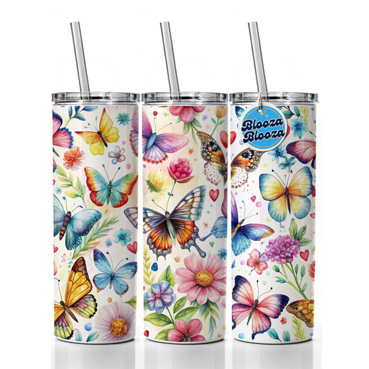Butterflies Hearts Flowers Beautiful Watercolor Skinny Tumbler 20oz with Straw Insulated Water Bottle Gift