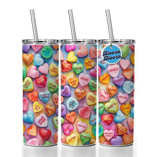 Candy Conversation Hearts Candy Valentine's Day Love Skinny Tumbler 20oz with Straw Insulated Water Bottle Gift