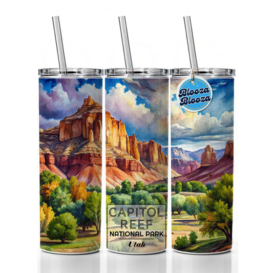 Capitol Reef National Park Utah Watercolor Skinny Tumbler 20oz with Straw Insulated Water Bottle Gift