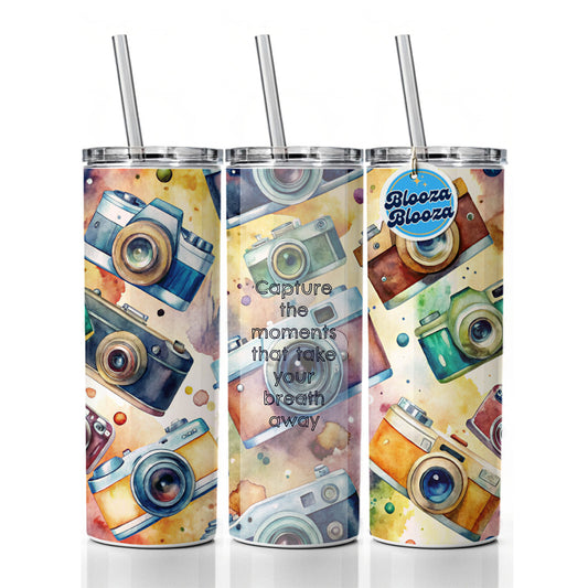 Capture Moments Take Breath Away Cameras Photography Inspirational Skinny Tumbler 20oz with Straw Insulated Water Bottle Gift