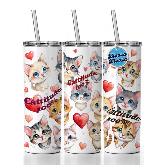 Cattitude 100 Percent Funny Cat Lovers Skinny Tumbler 20oz with Straw Insulated Water Bottle Gift