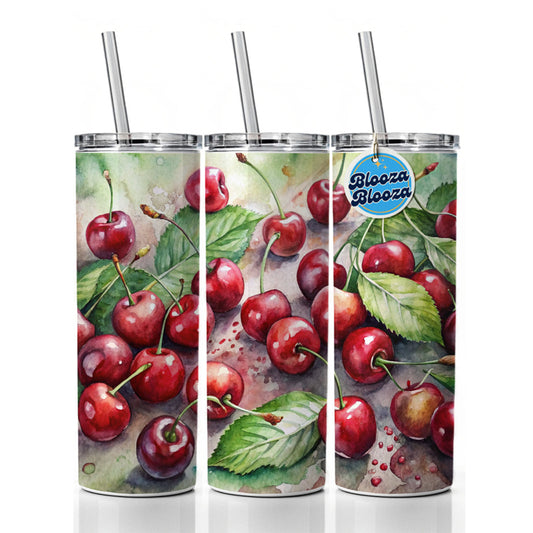 Cherries Fruit Watercolor Skinny Tumbler 20oz with Straw Insulated Water Bottle Gift