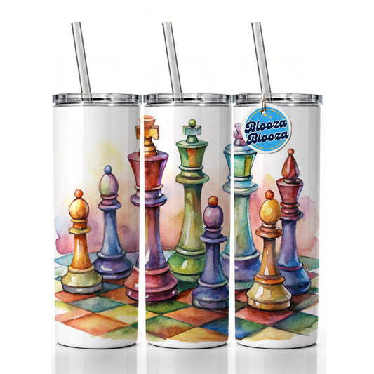 Chess Pieces Colorful Watercolor Skinny Tumbler 20oz with Straw Insulated Water Bottle Gift