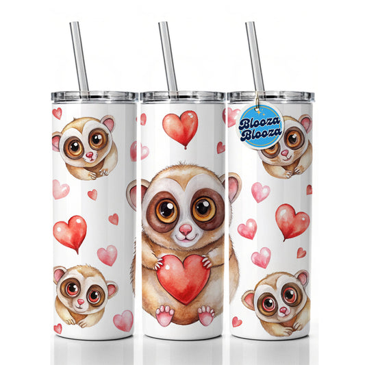 Chibi Slow Loris And Hearts Watercolor Skinny Tumbler 20oz with Straw Insulated Water Bottle Gift