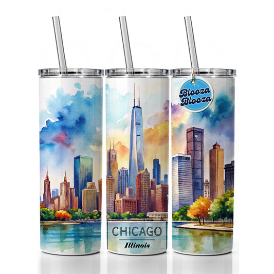 Chicago Illinois Travel City Watercolor Skinny Tumbler 20oz with Straw Insulated Water Bottle Gift