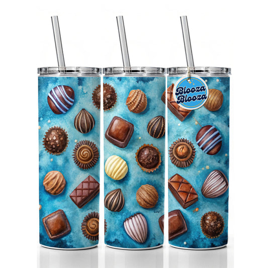 Chocolates Candy Blue Background Watercolor Skinny Tumbler 20oz with Straw Insulated Water Bottle Gift