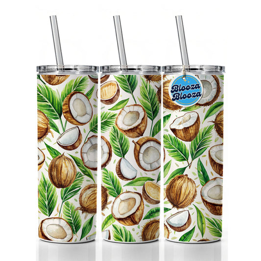 Coconut Pattern Watercolor Skinny Tumbler 20oz with Straw Insulated Water Bottle Gift