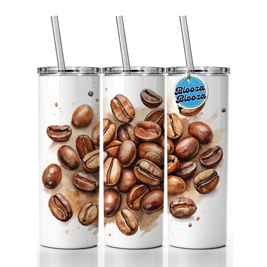 Coffee Beans Watercolor Skinny Tumbler 20oz with Straw Insulated Water Bottle Gift