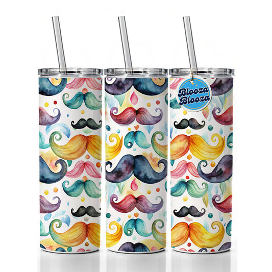 Colorful Mustaches Watercolor Skinny Tumbler 20oz with Straw Insulated Water Bottle Gift