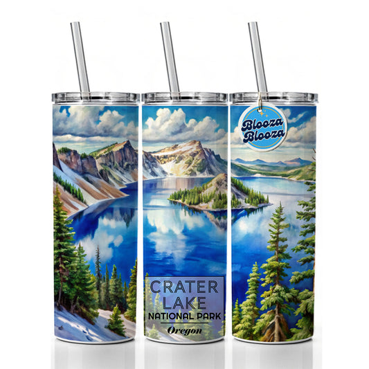 Crater Lake National Park Oregon Watercolor Skinny Tumbler 20oz with Straw Insulated Water Bottle Gift