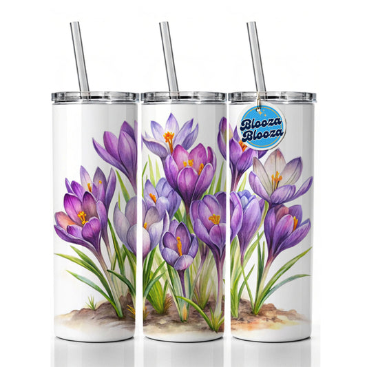 Crocus Purple Flowers Watercolor Skinny Tumbler 20oz with Straw Insulated Water Bottle Gift