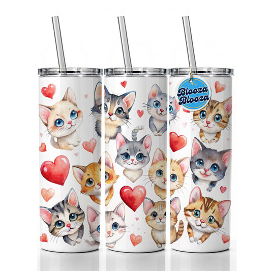 Cute Fun Cats Hearts Watercolor Skinny Tumbler 20oz with Straw Insulated Water Bottle Gift