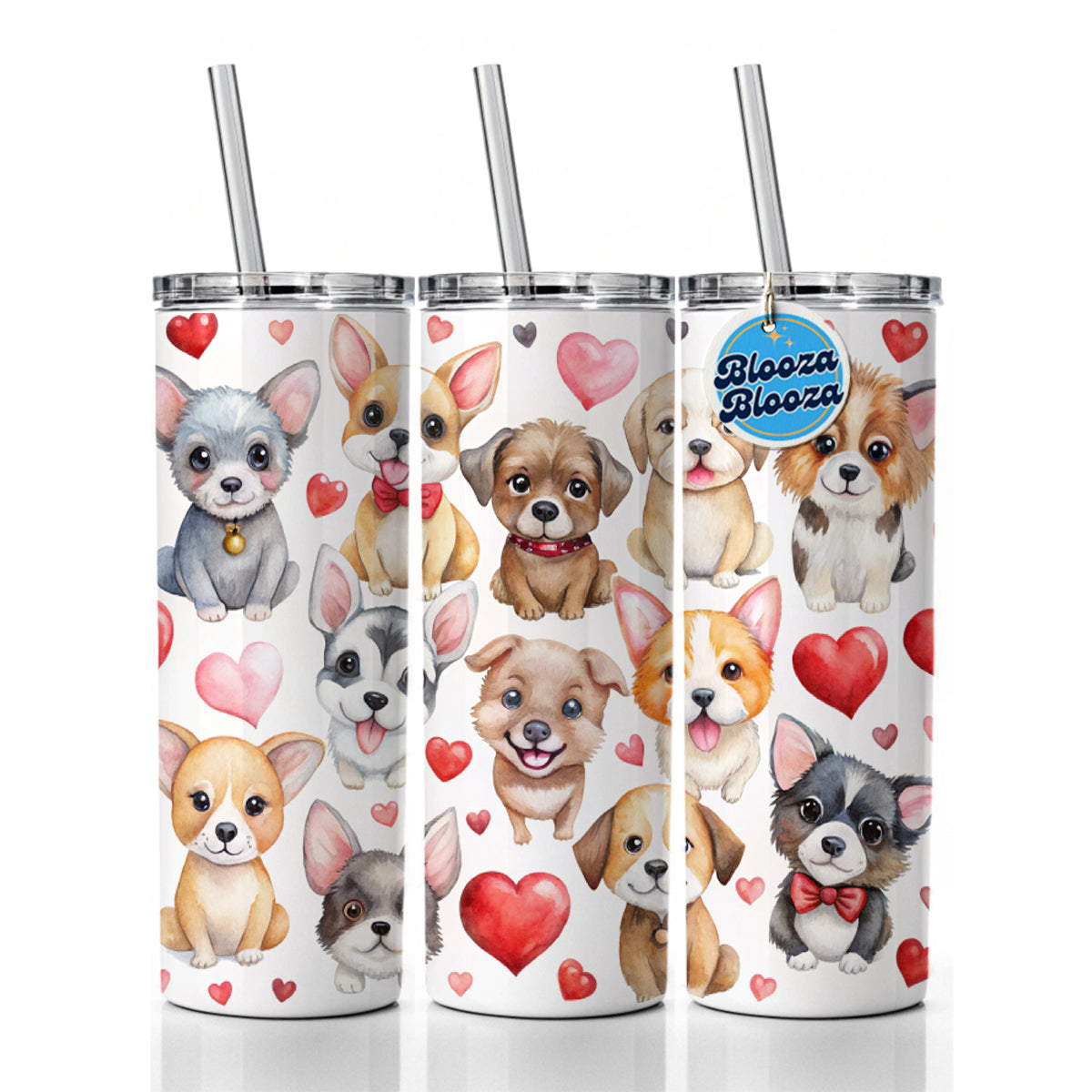 Cute Fun Dogs Hearts Watercolor Skinny Tumbler 20oz with Straw Insulated Water Bottle Gift