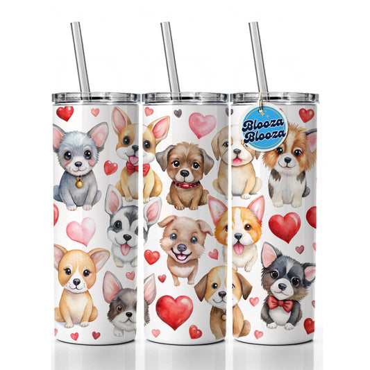 Cute Fun Dogs Hearts Watercolor Skinny Tumbler 20oz with Straw Insulated Water Bottle Gift