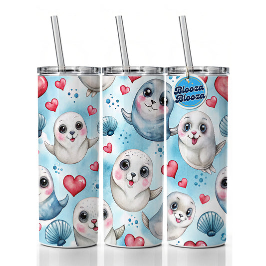 Cute Harp Seals And Hearts Watercolor Skinny Tumbler 20oz with Straw Insulated Water Bottle Gift