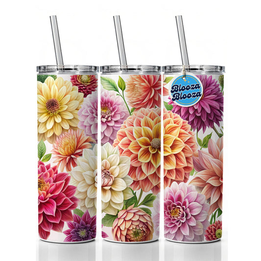 Dahlia Flowers Watercolor Skinny Tumbler 20oz with Straw Insulated Water Bottle Gift