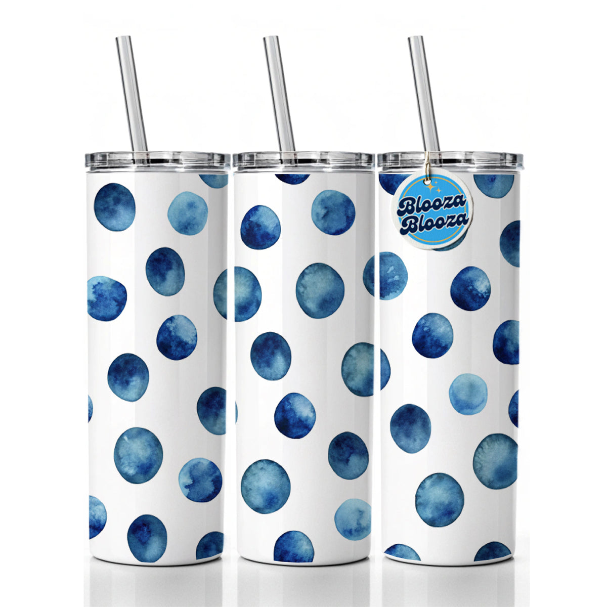 Dark Blue Polka Dots Fun White Background Skinny Tumbler 20oz with Straw Insulated Water Bottle Gift