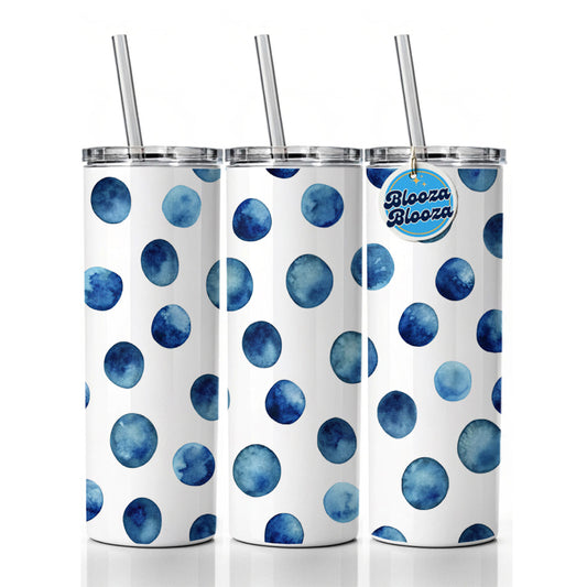 Dark Blue Polka Dots Fun White Background Skinny Tumbler 20oz with Straw Insulated Water Bottle Gift
