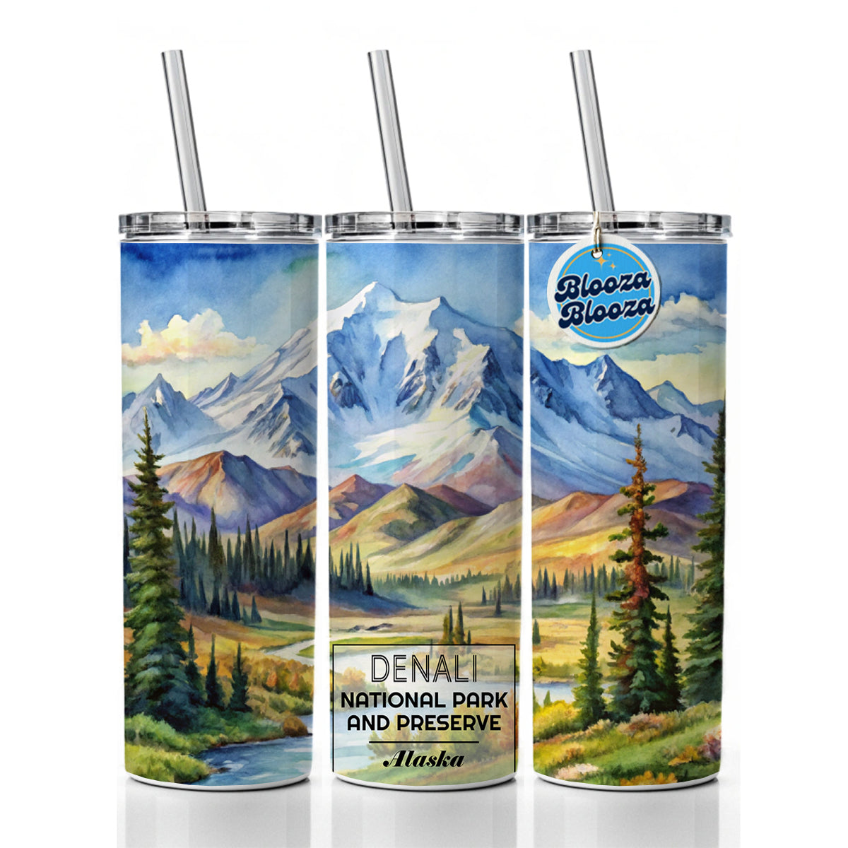 Denali National Park Alaska Watercolor Skinny Tumbler 20oz with Straw Insulated Water Bottle Gift