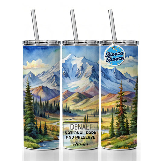 Denali National Park Alaska Watercolor Skinny Tumbler 20oz with Straw Insulated Water Bottle Gift