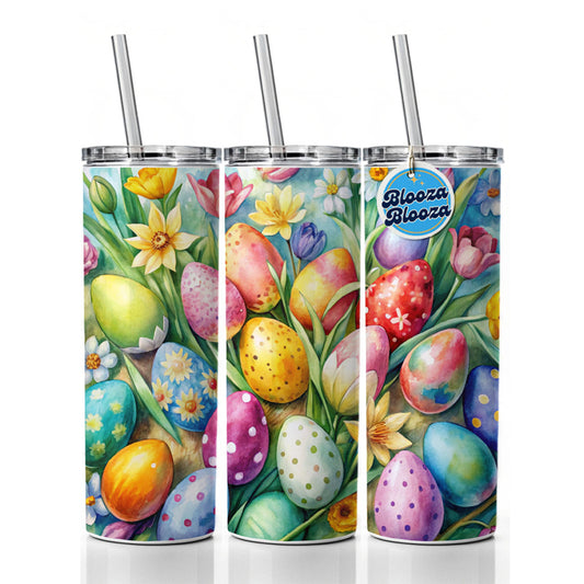 Easter Eggs Flowers Watercolor Skinny Tumbler 20oz with Straw Insulated Water Bottle Gift