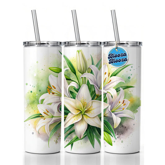 Easter Lily Flowers Watercolor Skinny Tumbler 20oz with Straw Insulated Water Bottle Gift