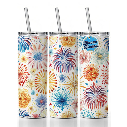 Fireworks Colorful Patriotic Fourth of July Skinny Tumbler 20oz with Straw Insulated Water Bottle Gift